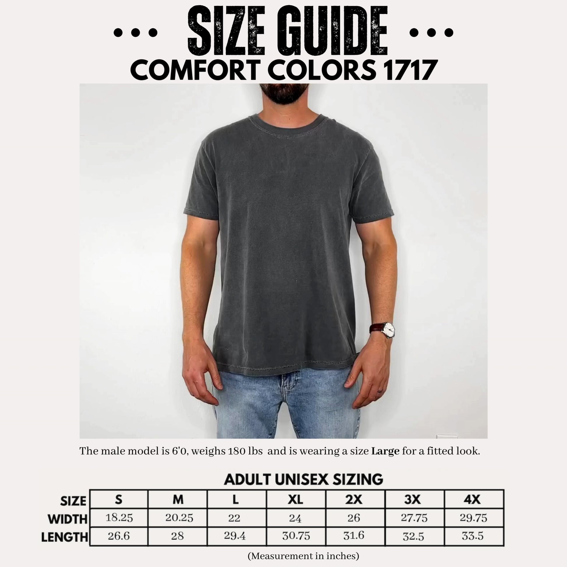 Comfort Colors 1717 mens size guide chart, sizes S to 2XL with width and length measurements