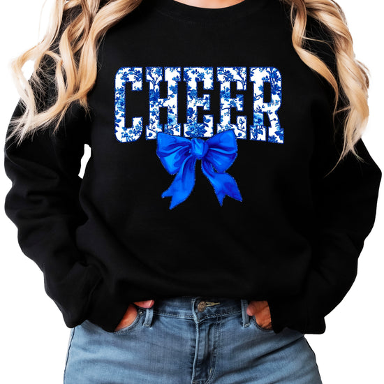 Black cheer crewneck sweatshirt with blue floral CHEER lettering and coquette bow