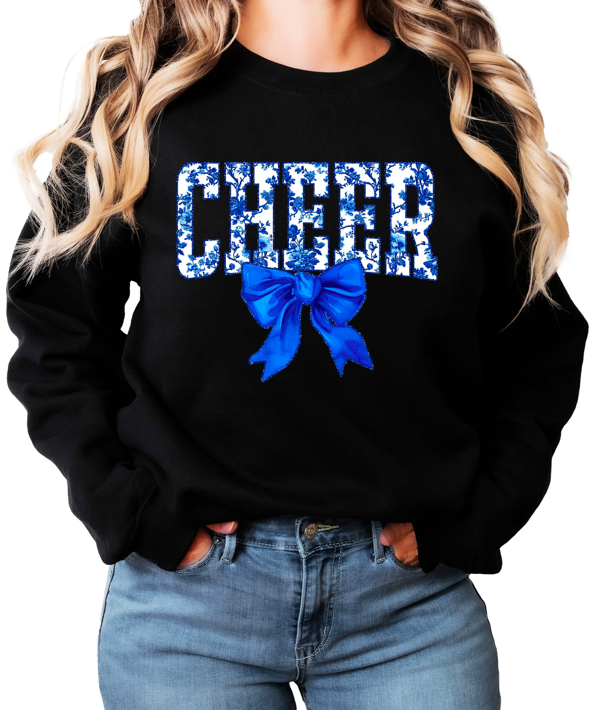 Black cheer crewneck sweatshirt with blue floral CHEER lettering and coquette bow