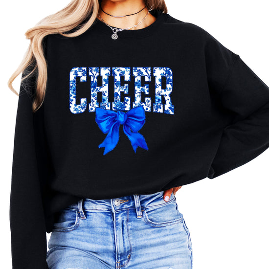Black cheer crewneck sweatshirt with blue floral CHEER lettering and coquette bow