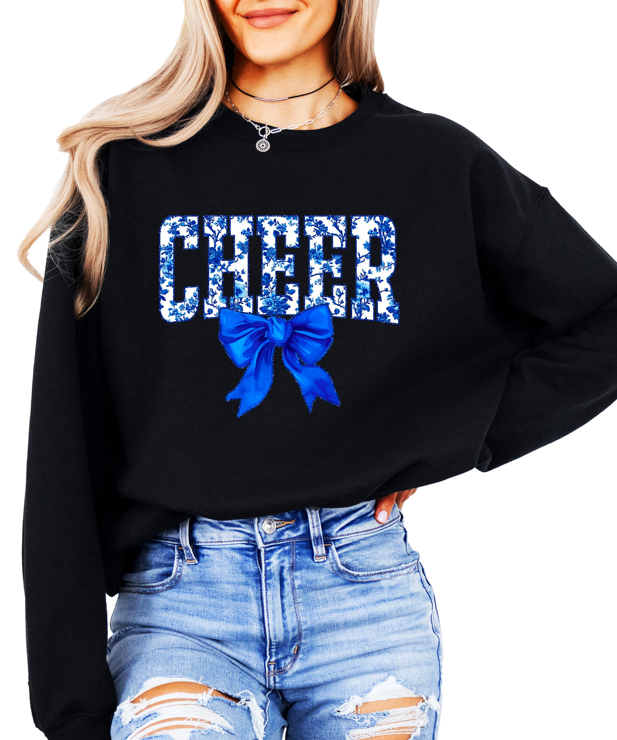 Black cheer crewneck sweatshirt with blue floral CHEER lettering and coquette bow
