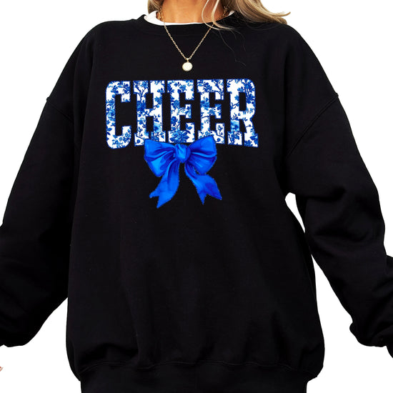Black cheer crewneck sweatshirt with blue floral CHEER lettering and coquette bow