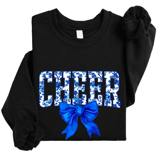 Black cheer crewneck sweatshirt with blue floral CHEER lettering and coquette bow