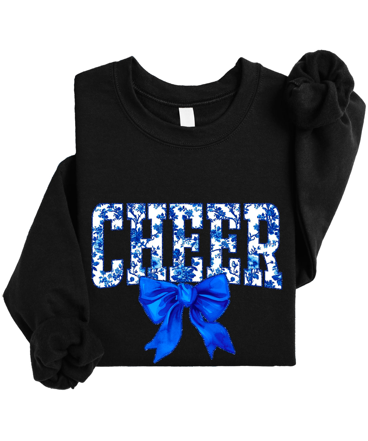 Black cheer crewneck sweatshirt with blue floral CHEER lettering and coquette bow