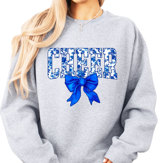 Gray cheer crewneck sweatshirt with blue floral CHEER lettering and coquette bow