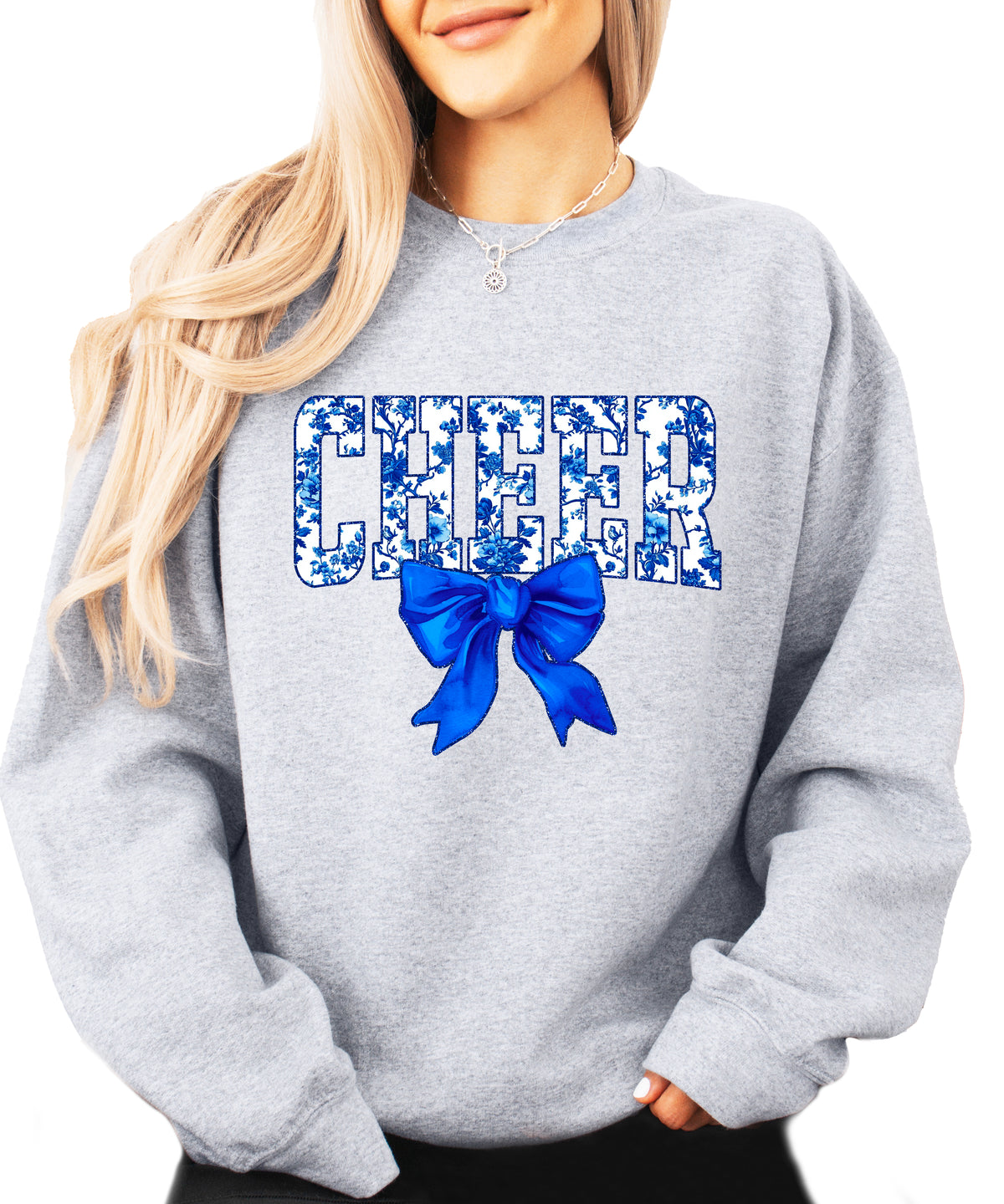 Gray cheer crewneck sweatshirt with blue floral CHEER lettering and coquette bow