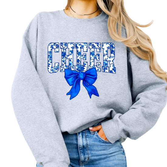 Gray cheer crewneck sweatshirt with blue floral CHEER lettering and coquette bow