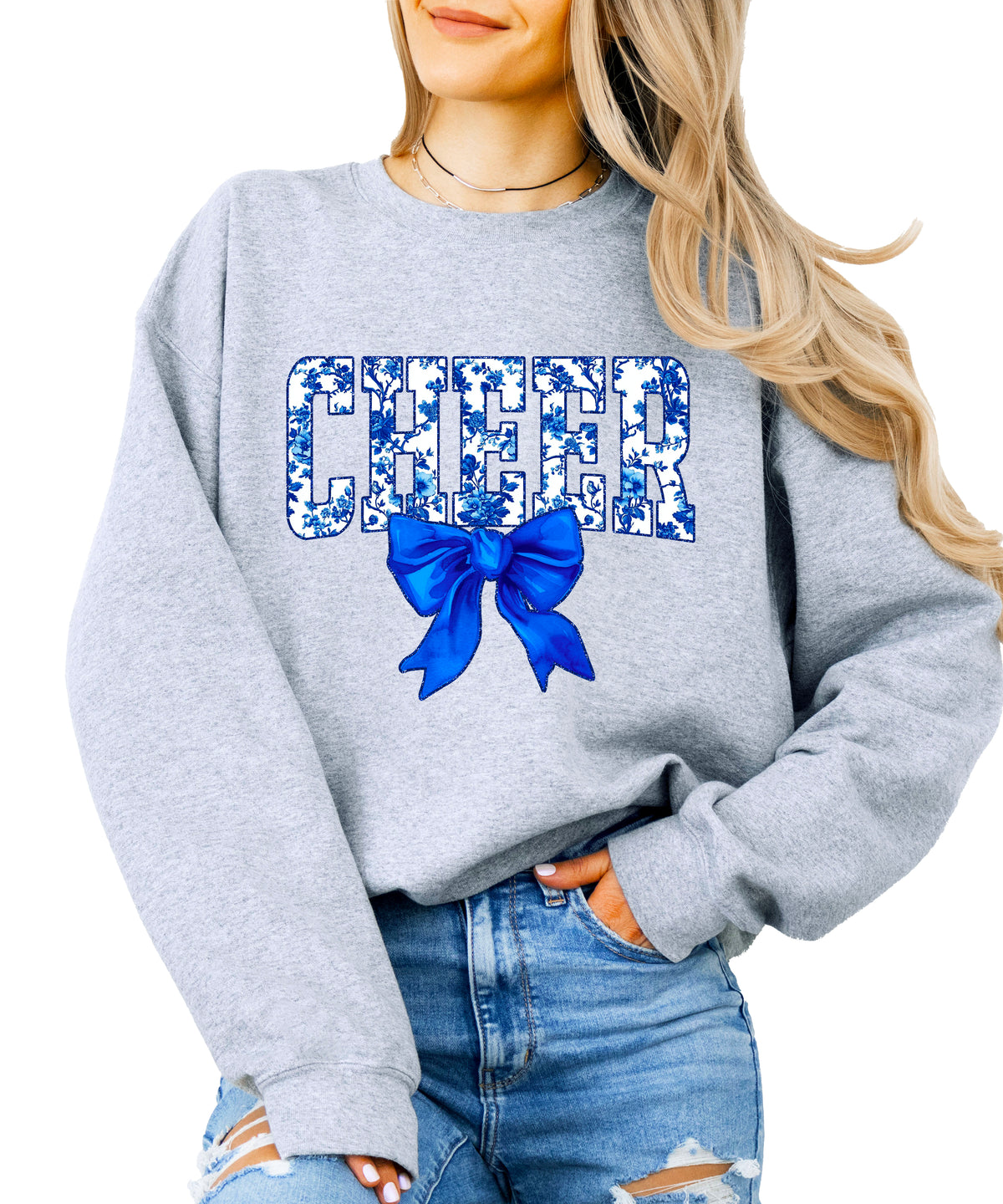 Gray cheer crewneck sweatshirt with blue floral CHEER lettering and coquette bow