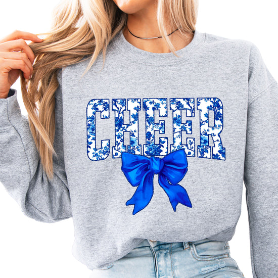 Gray cheer crewneck sweatshirt with blue floral CHEER lettering and coquette bow