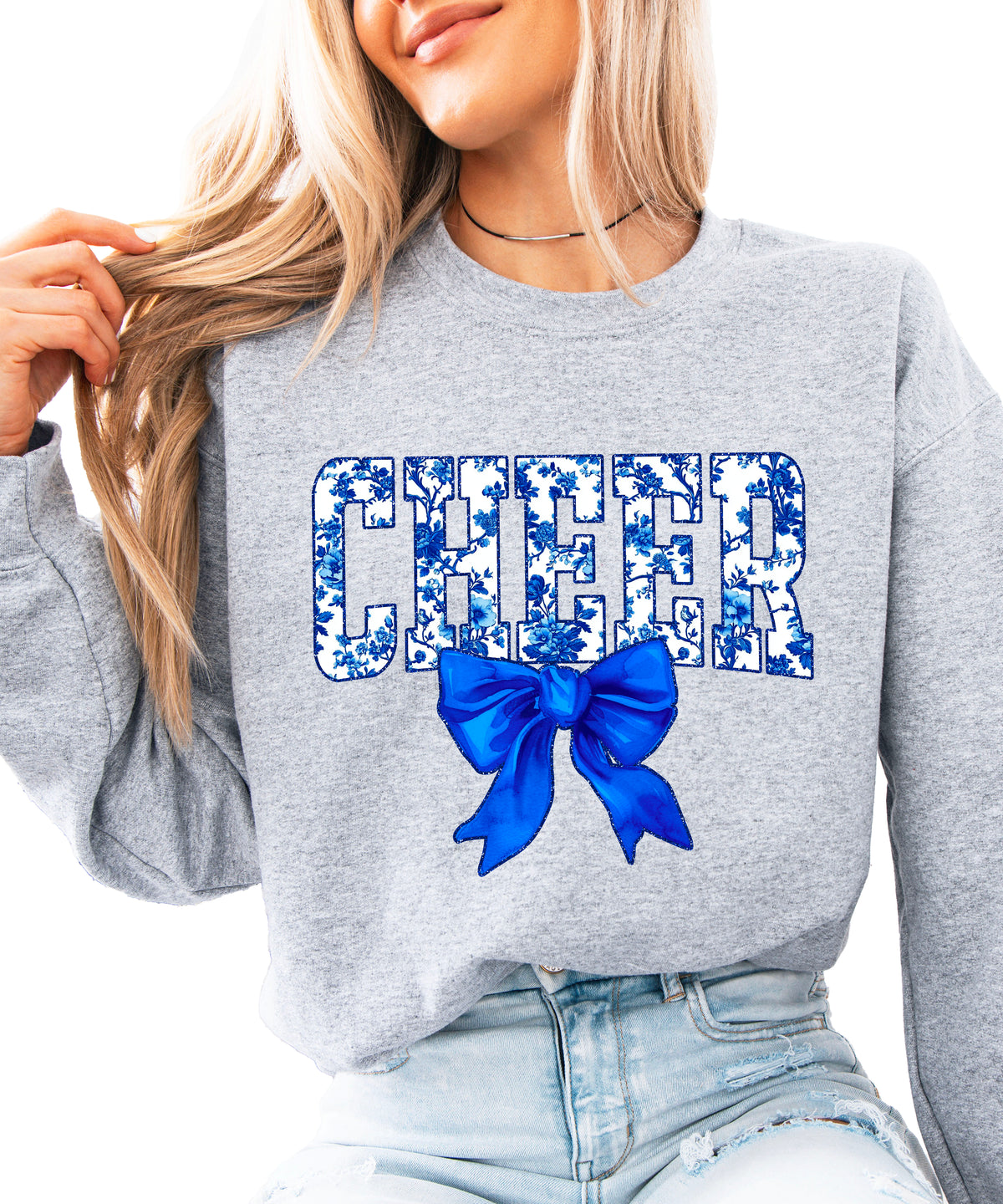 Gray cheer crewneck sweatshirt with blue floral CHEER lettering and coquette bow