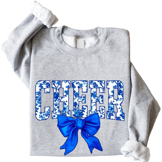 Gray cheer crewneck sweatshirt with blue floral CHEER lettering and coquette bow