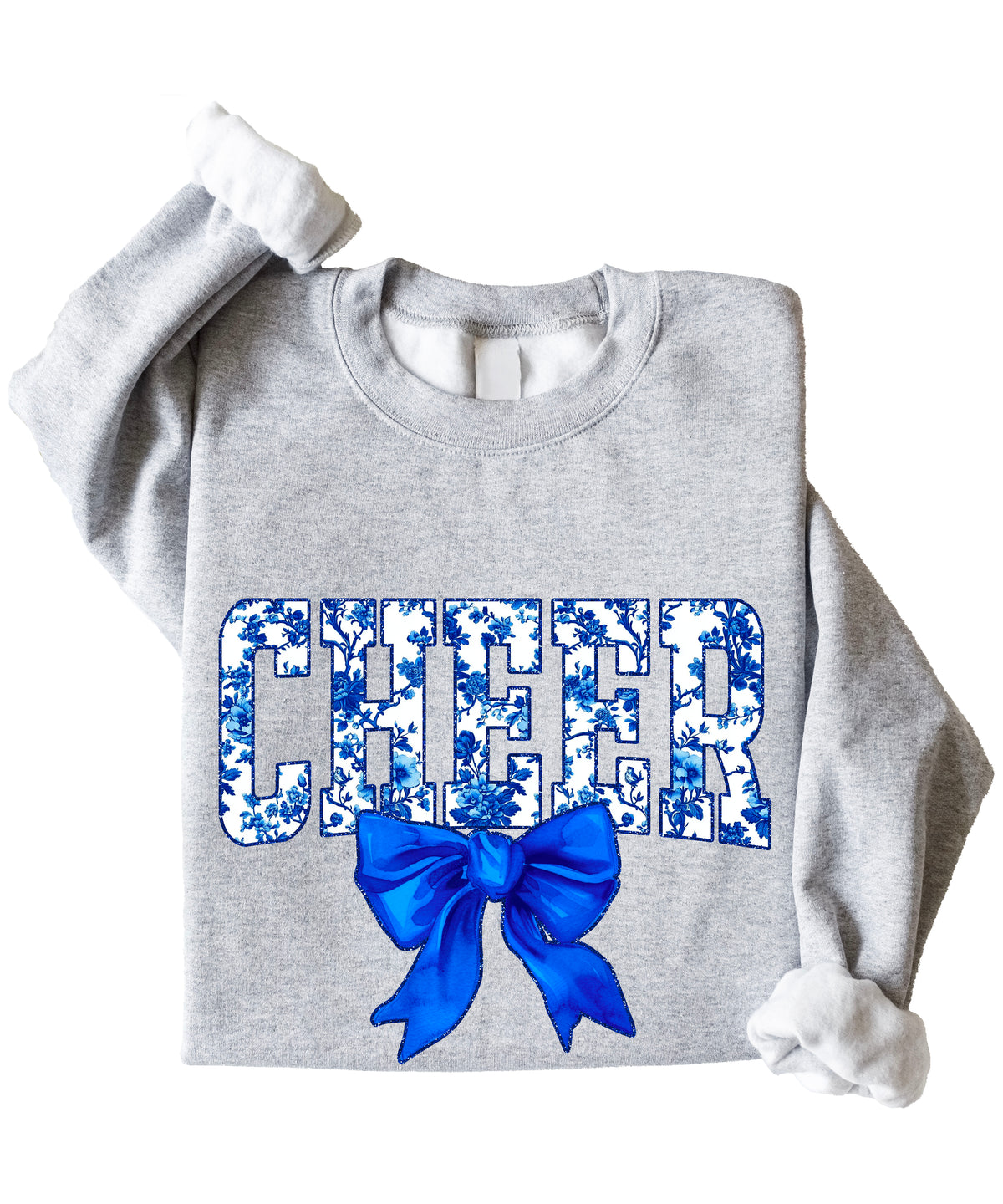 Gray cheer crewneck sweatshirt with blue floral CHEER lettering and coquette bow