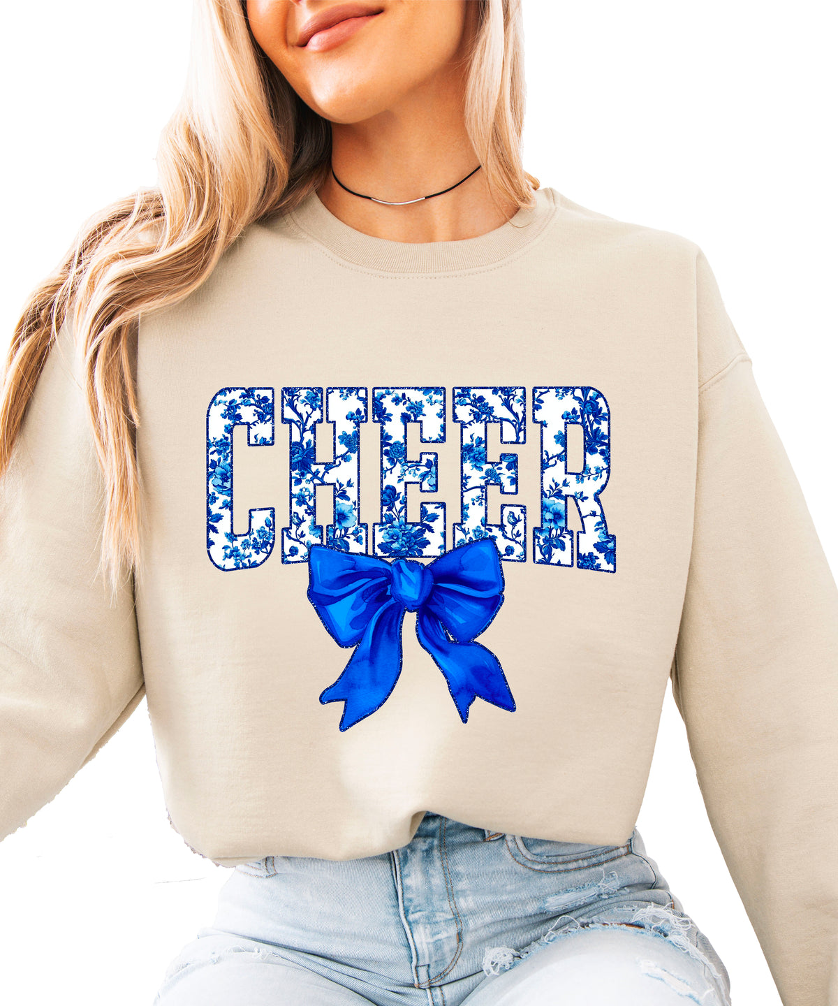 Sand cheer crewneck sweatshirt with blue floral CHEER lettering and coquette bow