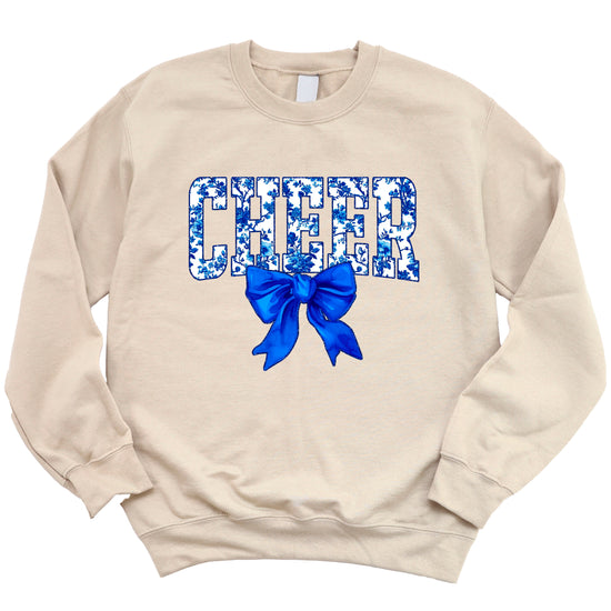 Sand cheer crewneck sweatshirt with blue floral CHEER lettering and coquette bow