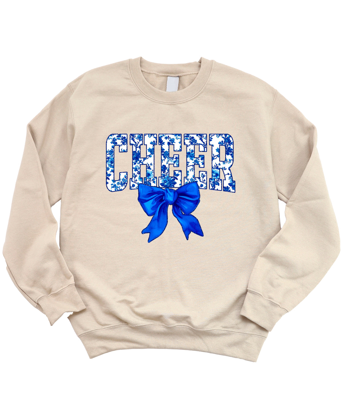 Sand cheer crewneck sweatshirt with blue floral CHEER lettering and coquette bow