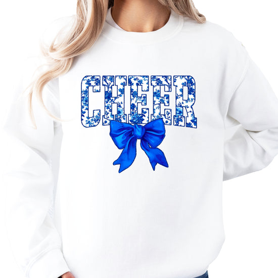 White cheer crewneck sweatshirt with blue floral CHEER lettering and coquette bow
