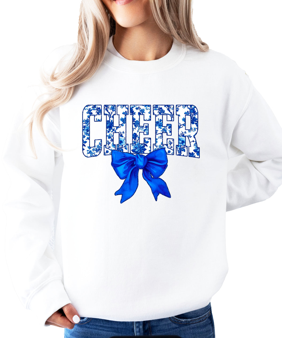 White cheer crewneck sweatshirt with blue floral CHEER lettering and coquette bow