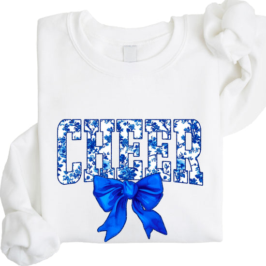 White cheer crewneck sweatshirt with blue floral CHEER lettering and coquette bow