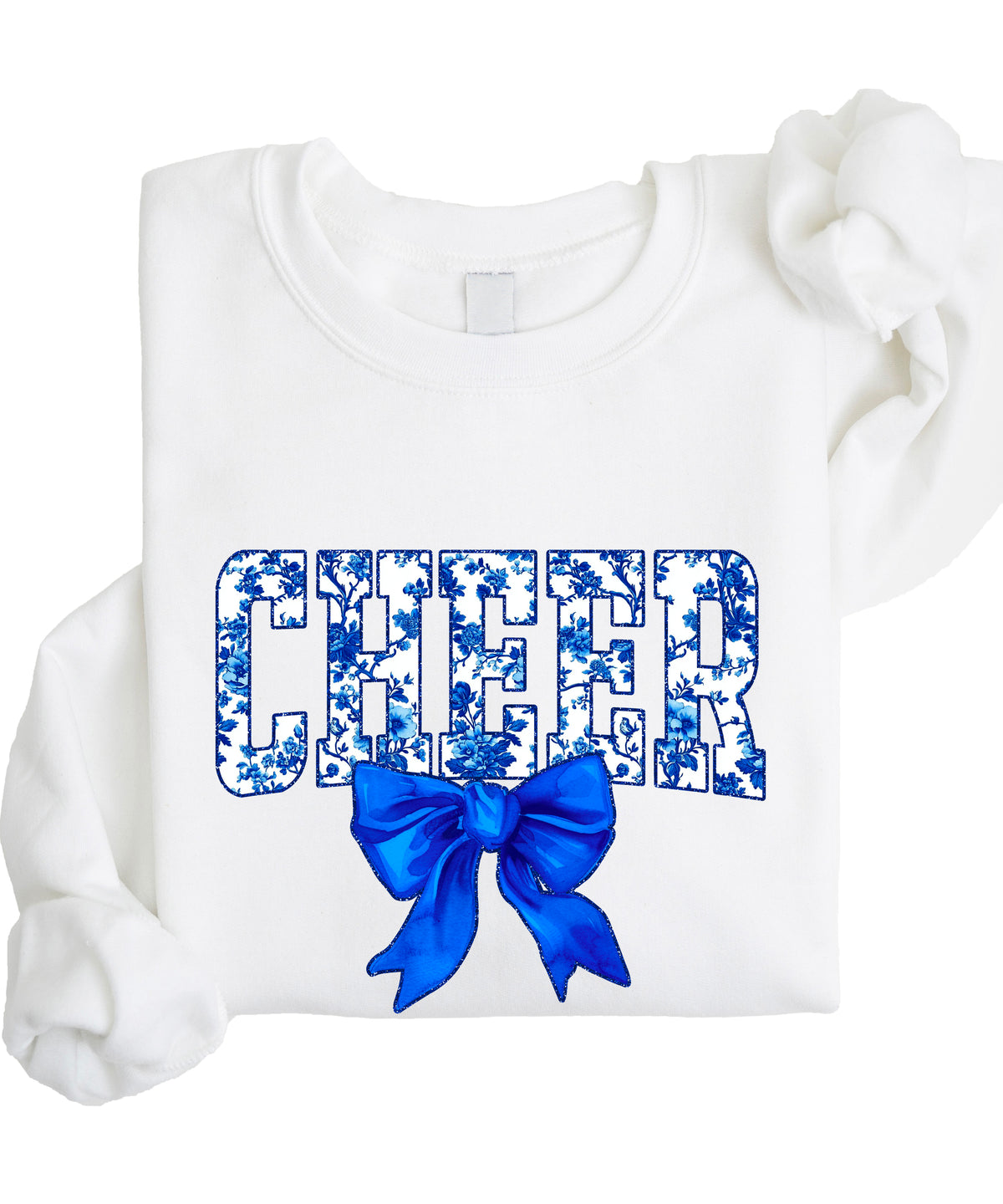 White cheer crewneck sweatshirt with blue floral CHEER lettering and coquette bow