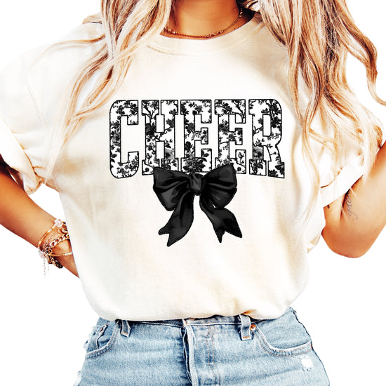 Cheer black floral coquette bow shirt, Ivory Comfort Colors tee, front