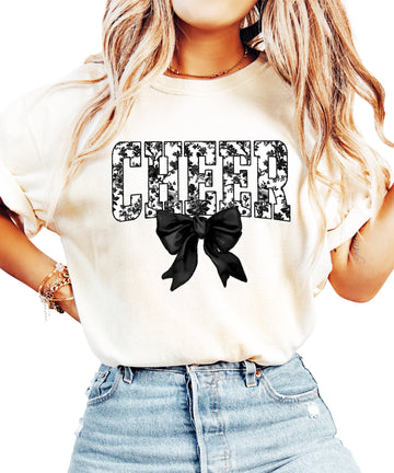 Cheer black floral coquette bow shirt, Ivory Comfort Colors tee, front