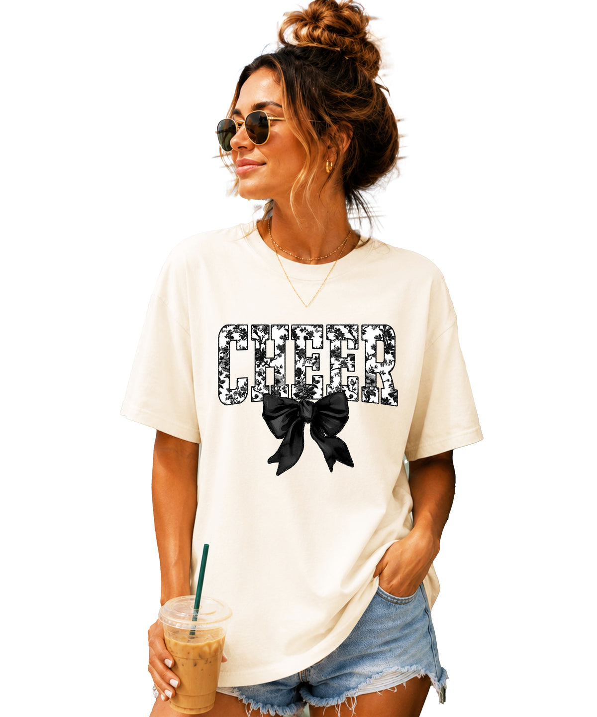 Cheer black floral coquette bow shirt, Ivory, view 2