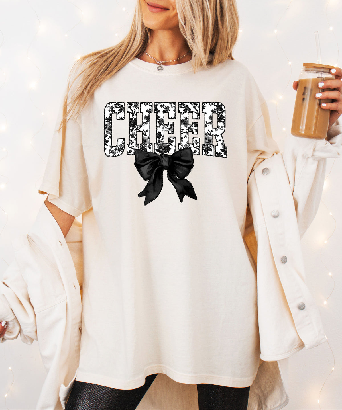 Cheer black floral coquette bow shirt, Ivory, view 4