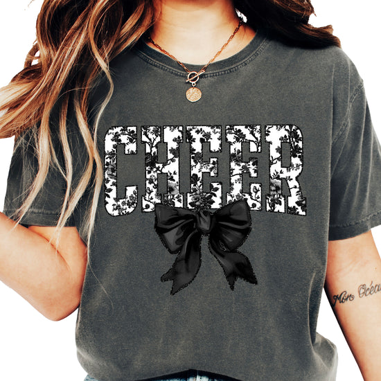 Cheer black floral coquette bow shirt, Pepper Comfort Colors tee, front
