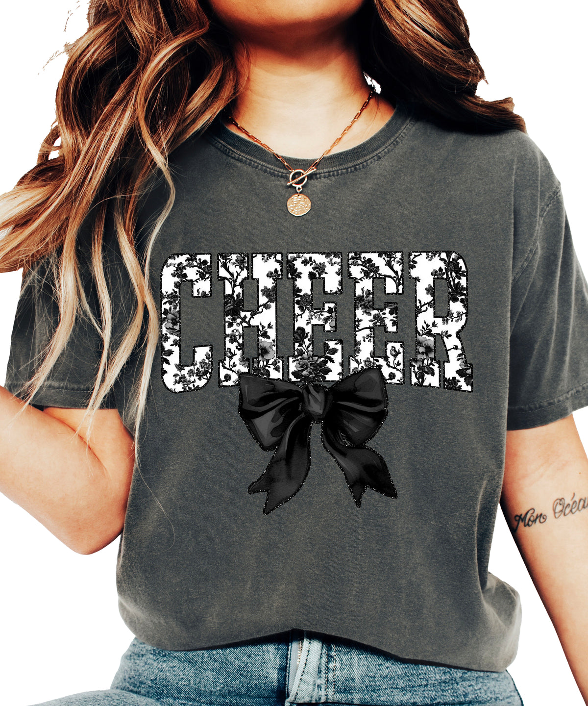 Cheer black floral coquette bow shirt, Pepper Comfort Colors tee, front