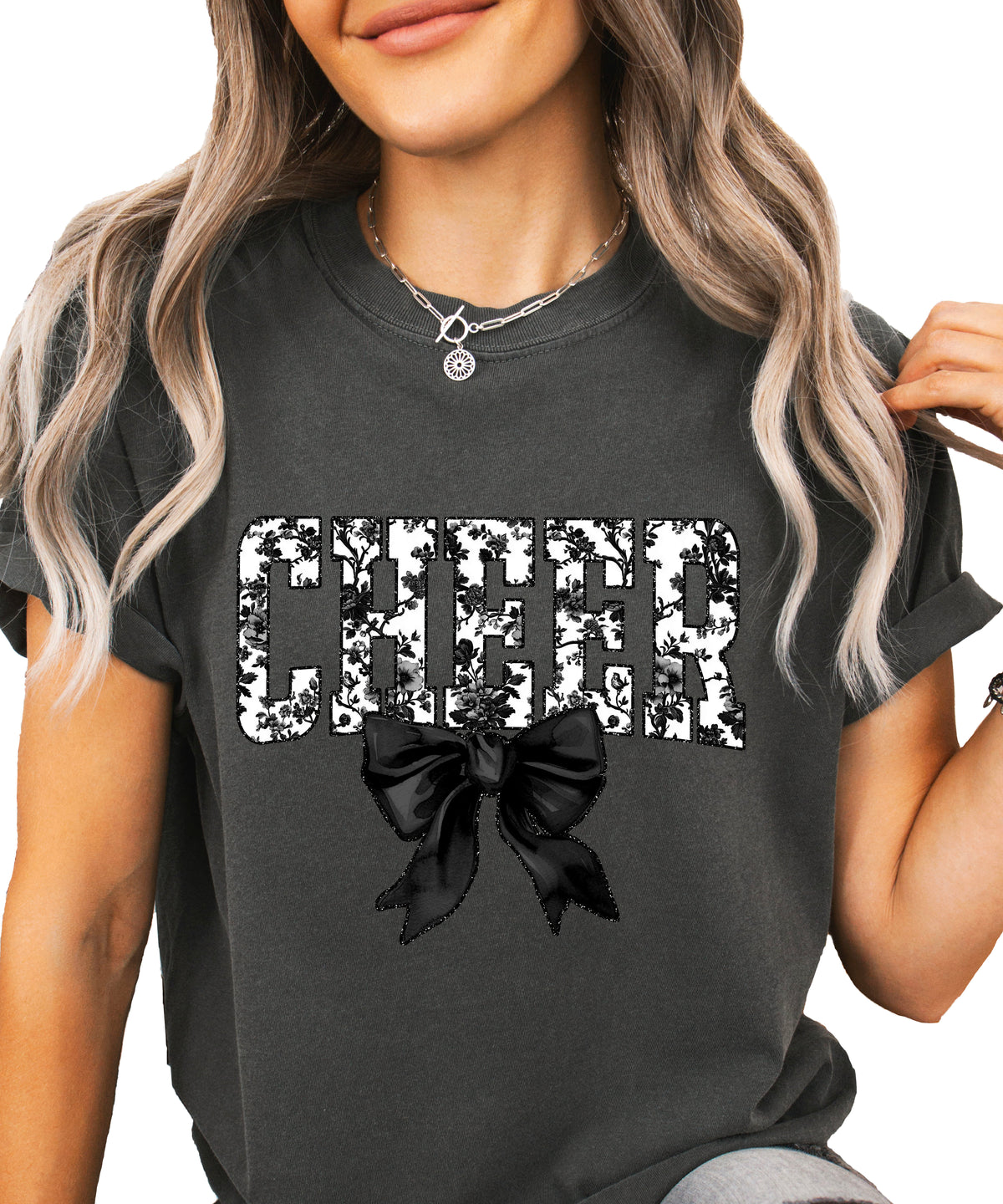 Cheer black floral coquette bow shirt, Pepper, view 2