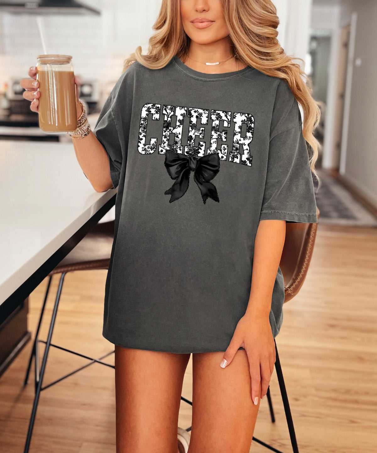 Cheer black floral coquette bow shirt, Pepper, view 4