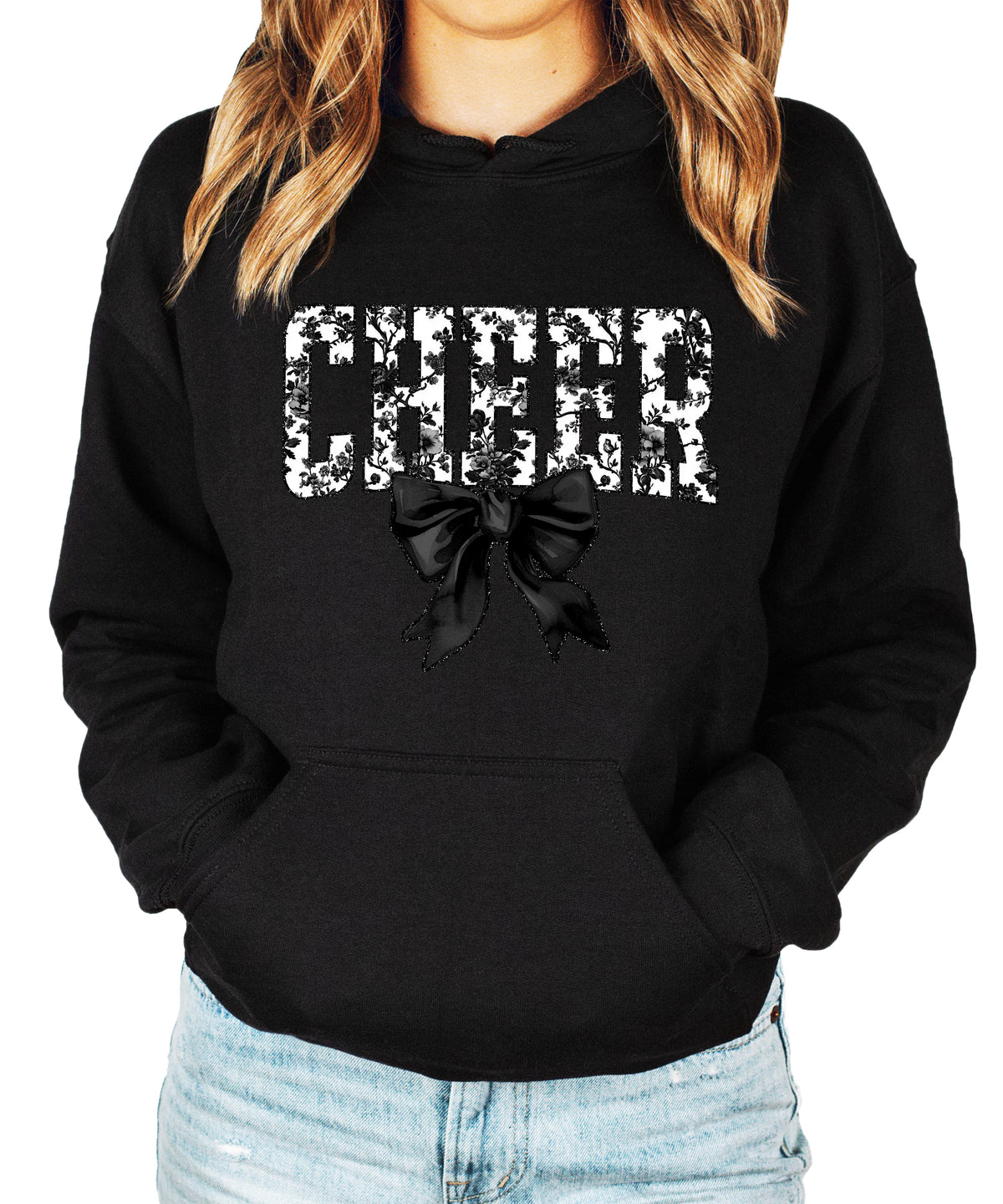 Black cheer hoodie for women and teen girls, ink-printed black and white floral CHEER letters with coquette bow, photo 1 of 4