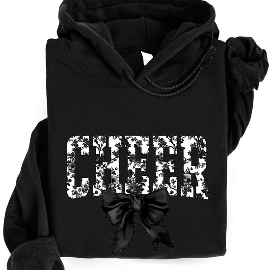Black cheer hoodie for women and teen girls, ink-printed black and white floral CHEER letters with coquette bow, photo 2 of 4
