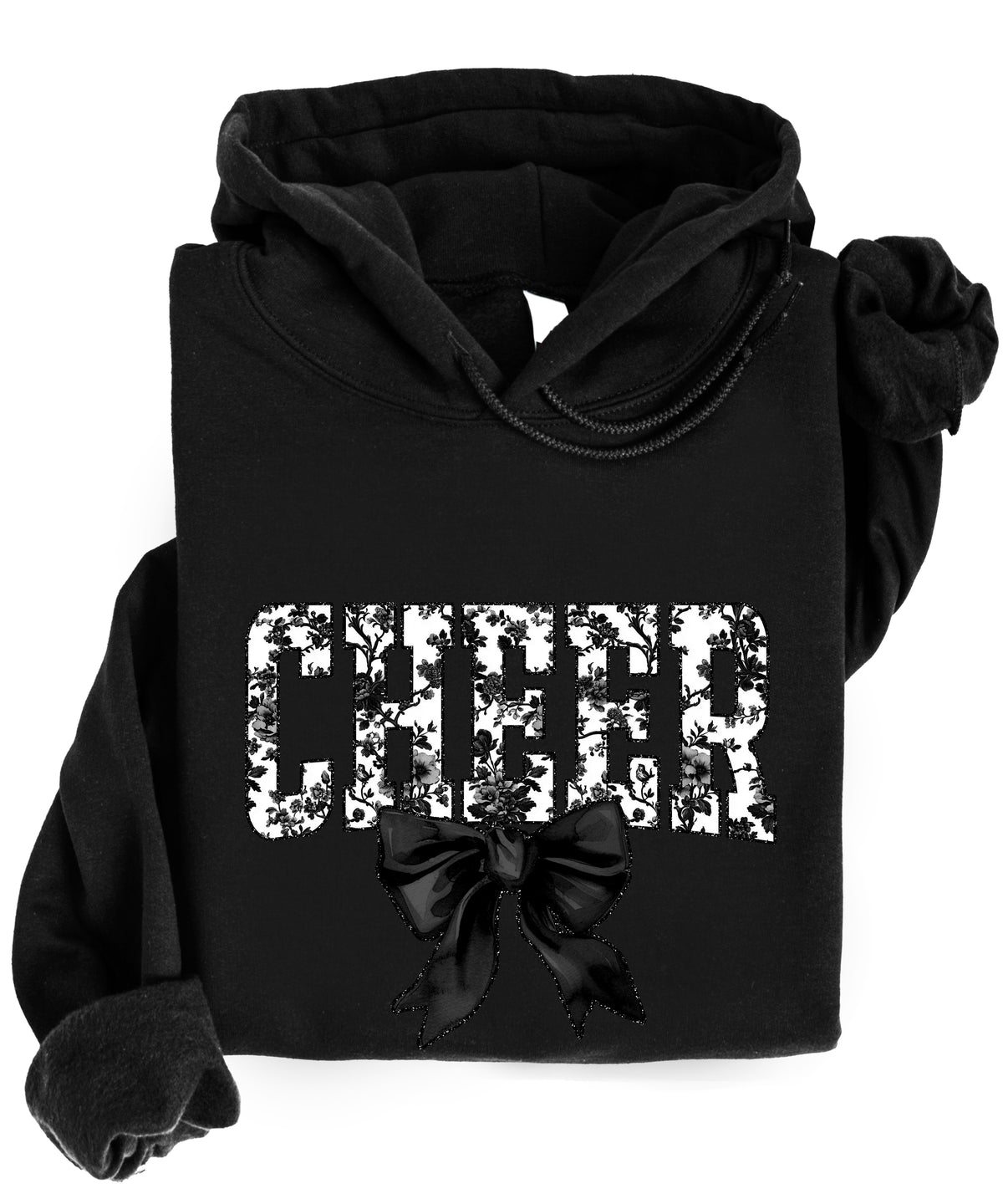 Black cheer hoodie for women and teen girls, ink-printed black and white floral CHEER letters with coquette bow, photo 2 of 4