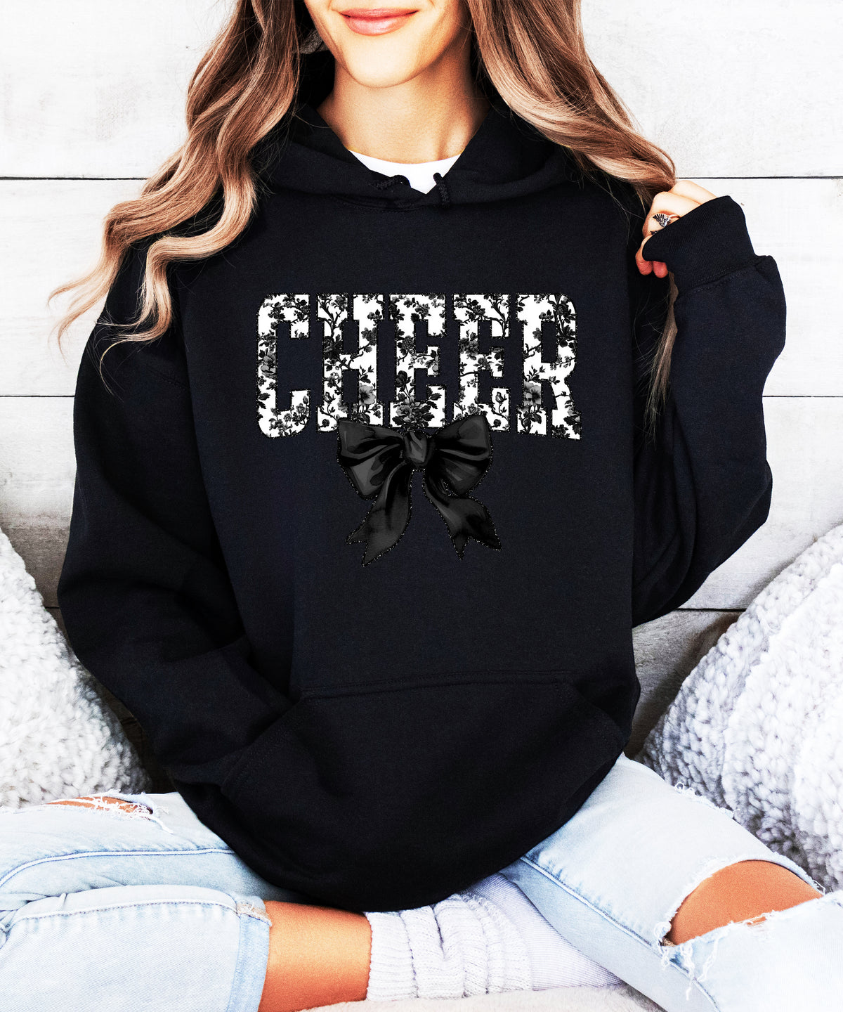 Black cheer hoodie for women and teen girls, ink-printed black and white floral CHEER letters with coquette bow, photo 4 of 4