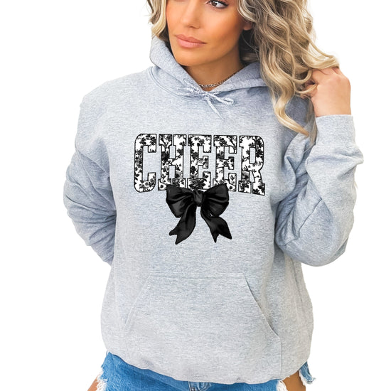 Gray cheer hoodie for women and teen girls, ink-printed black and white floral CHEER letters with coquette bow, photo 1 of 4