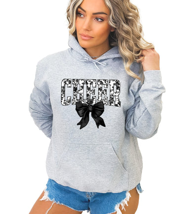 Gray cheer hoodie for women and teen girls, ink-printed black and white floral CHEER letters with coquette bow, photo 1 of 4