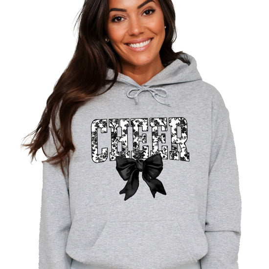 Gray cheer hoodie for women and teen girls, ink-printed black and white floral CHEER letters with coquette bow, photo 2 of 4
