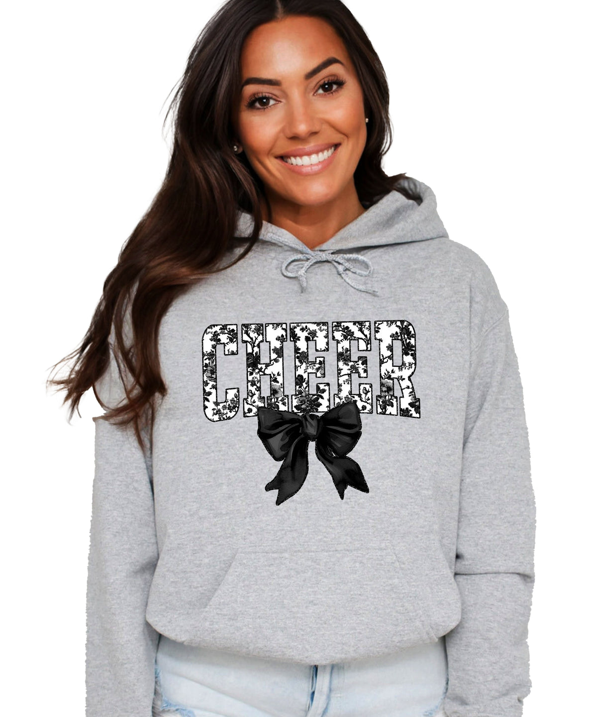 Gray cheer hoodie for women and teen girls, ink-printed black and white floral CHEER letters with coquette bow, photo 2 of 4