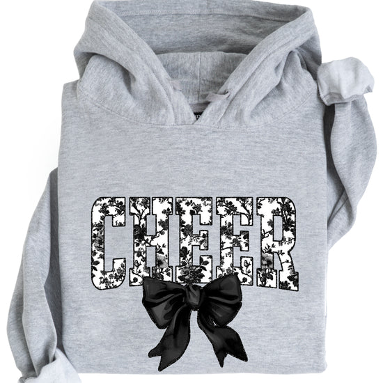 Gray cheer hoodie for women and teen girls, ink-printed black and white floral CHEER letters with coquette bow, photo 4 of 4