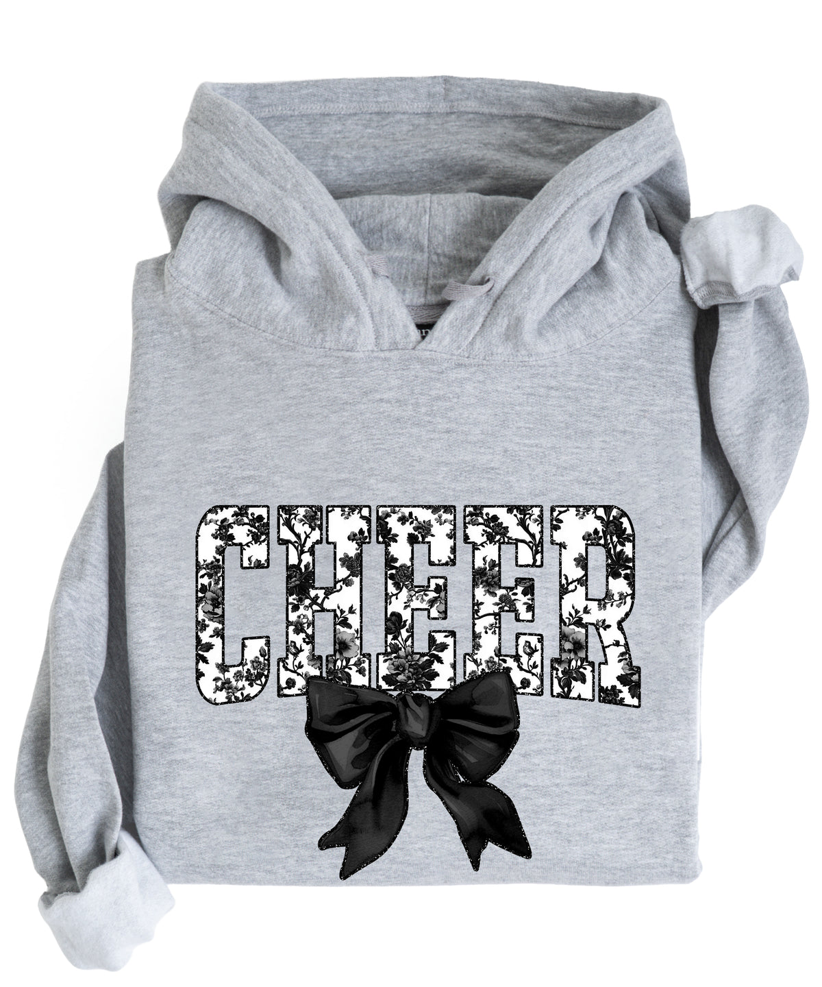 Gray cheer hoodie for women and teen girls, ink-printed black and white floral CHEER letters with coquette bow, photo 4 of 4