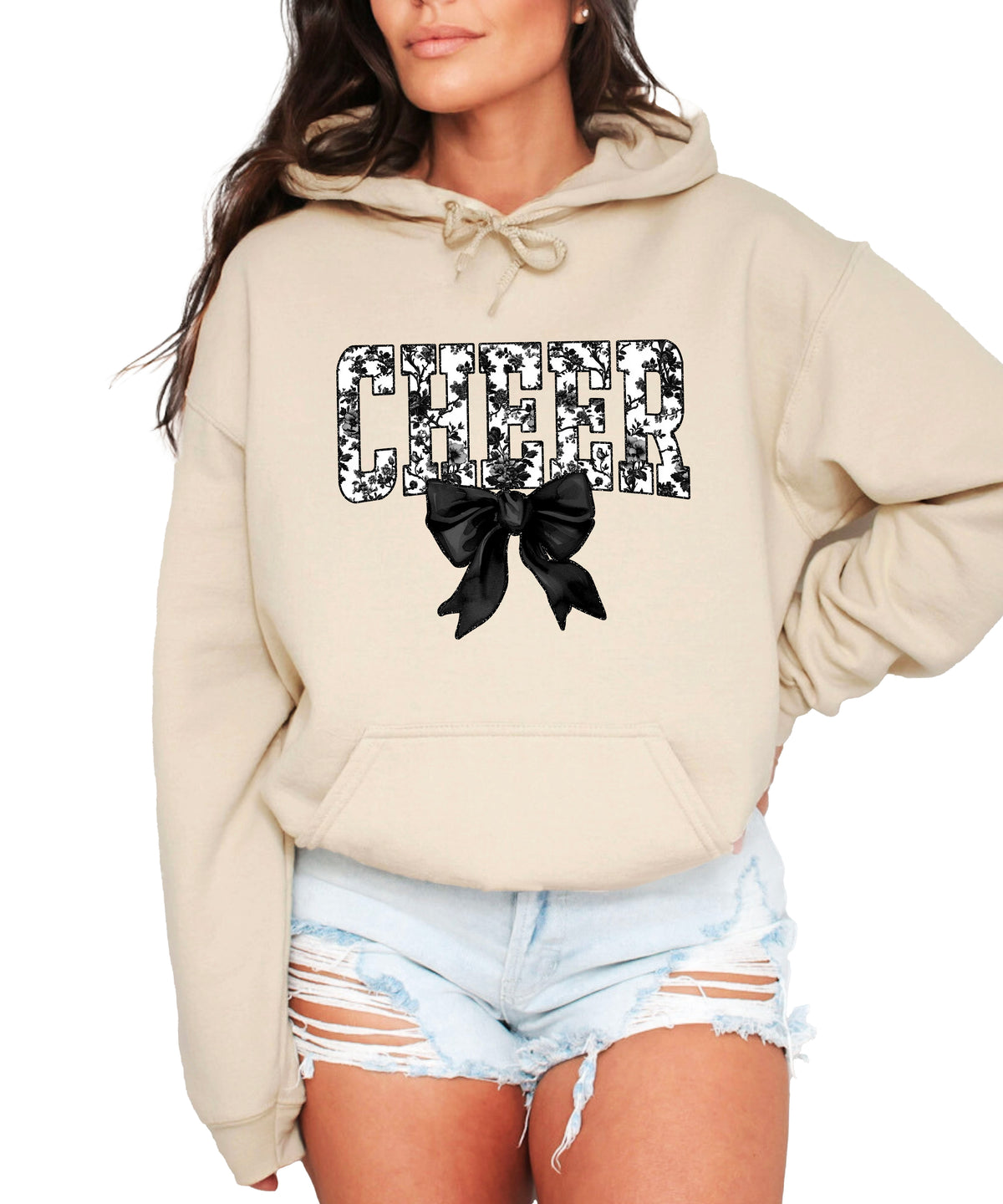 Sand cheer hoodie for women and teen girls, ink-printed black and white floral CHEER letters with coquette bow, photo 1 of 4