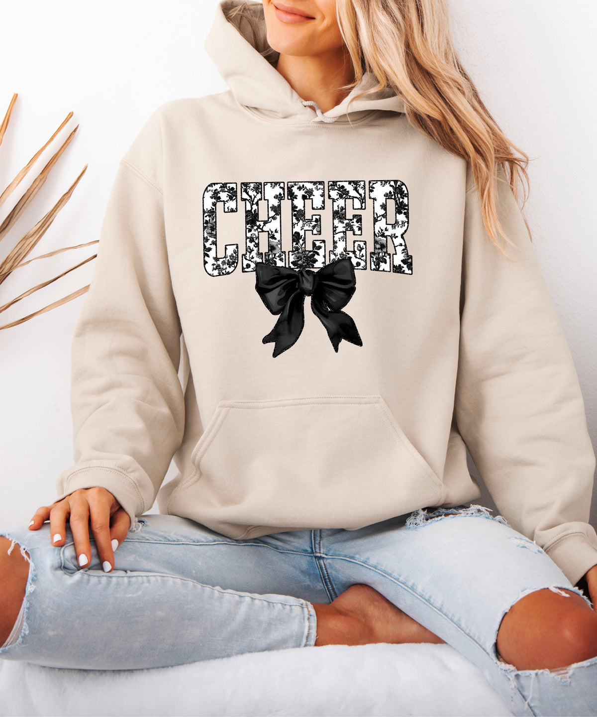 Sand cheer hoodie for women and teen girls, ink-printed black and white floral CHEER letters with coquette bow, photo 3 of 4