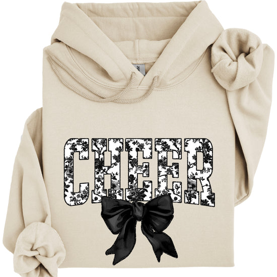 Sand cheer hoodie for women and teen girls, ink-printed black and white floral CHEER letters with coquette bow, photo 4 of 4