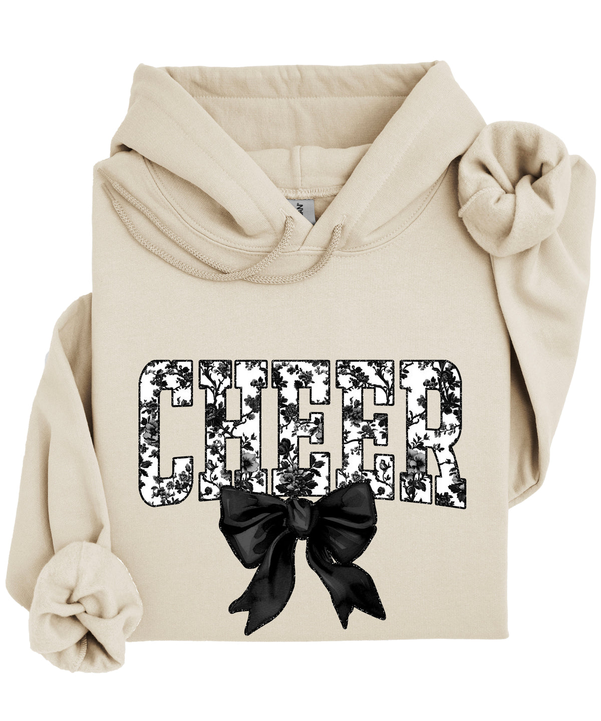 Sand cheer hoodie for women and teen girls, ink-printed black and white floral CHEER letters with coquette bow, photo 4 of 4