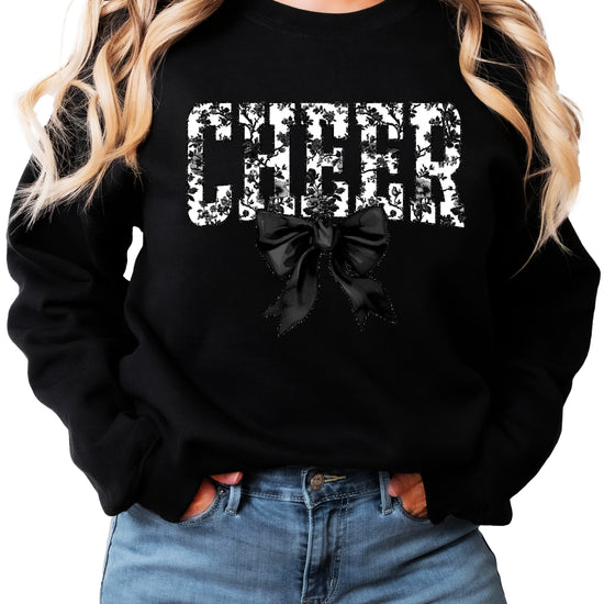 Black crewneck sweatshirt with black floral CHEER varsity letters and coquette bow, front view