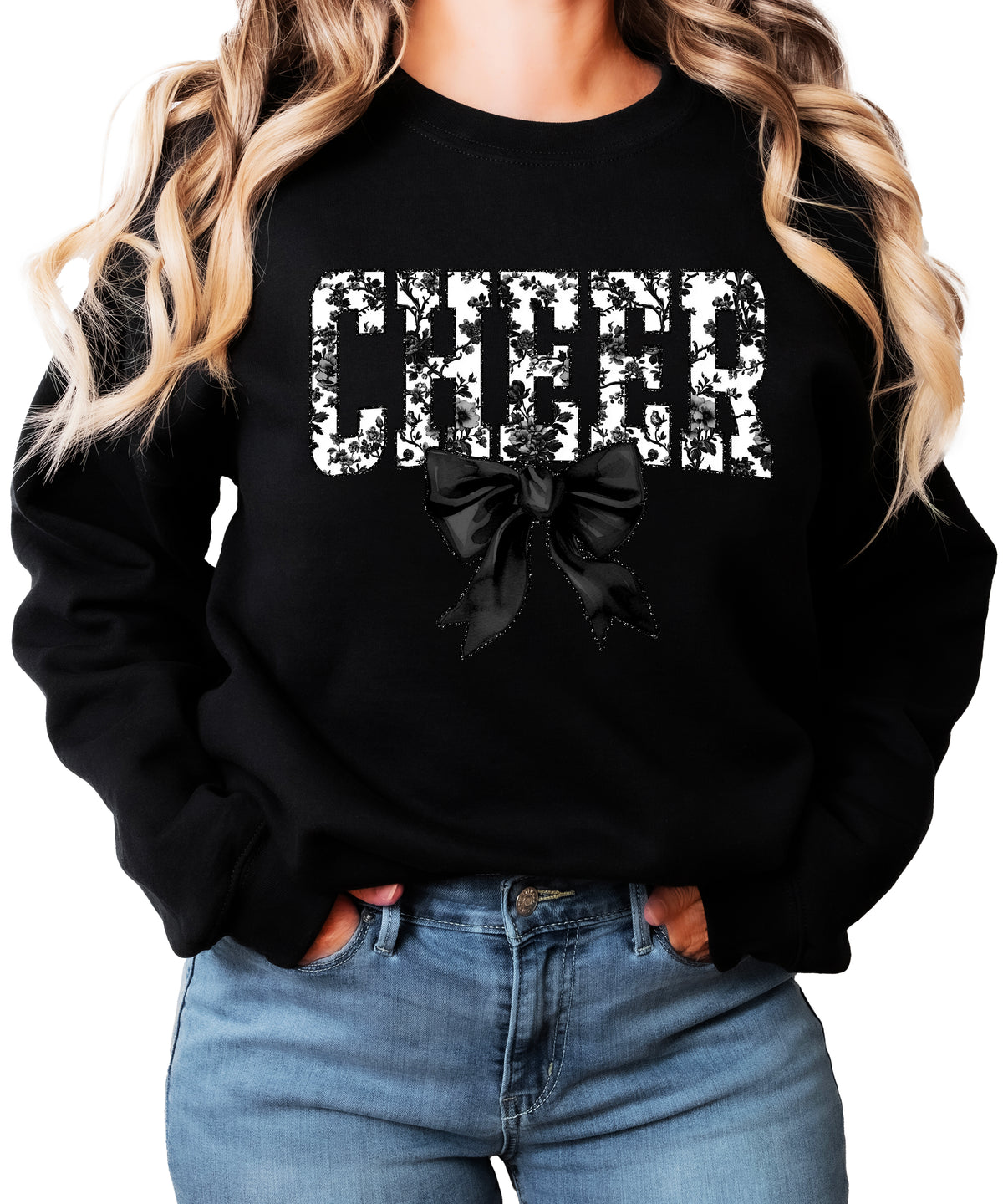 Black crewneck sweatshirt with black floral CHEER varsity letters and coquette bow, front view