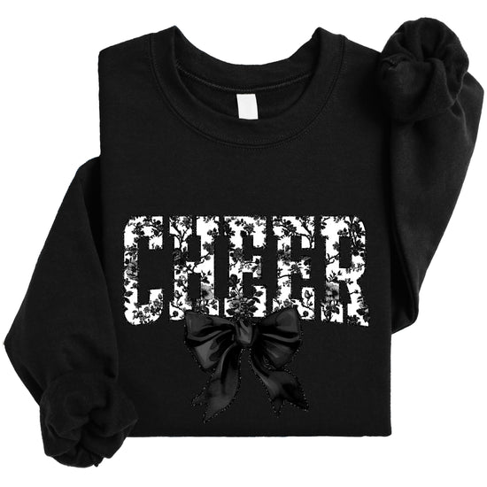 Black cheer sweatshirt with black floral bow design, alternate view