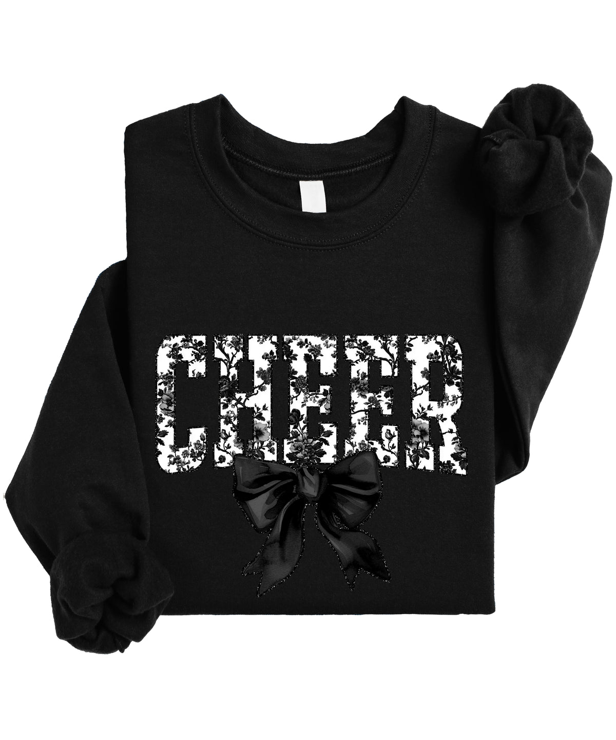 Black cheer sweatshirt with black floral bow design, alternate view