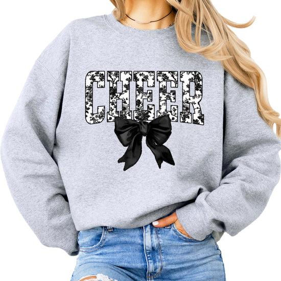 Gray crewneck sweatshirt with black floral CHEER varsity letters and coquette bow, front view
